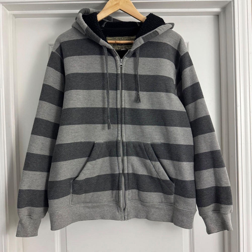 Machine Striped Waffle Knit Sherpa Lined Zip Up Hoodie Y2K Skater Grunge XL